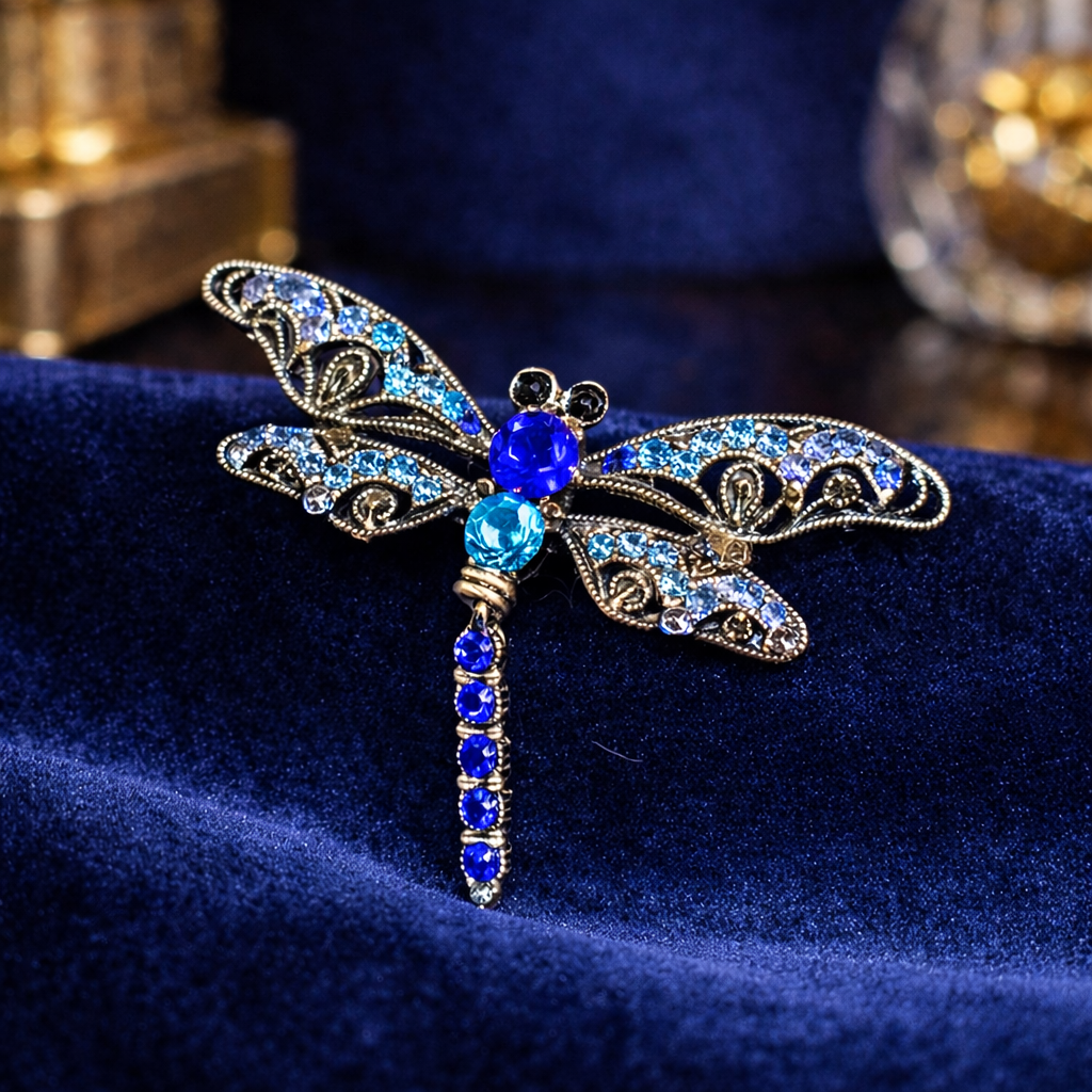 Blue Rhinestone Articulated Dragonfly Brooch Silver Tone Filigree | Crystal Insect Statement Pin