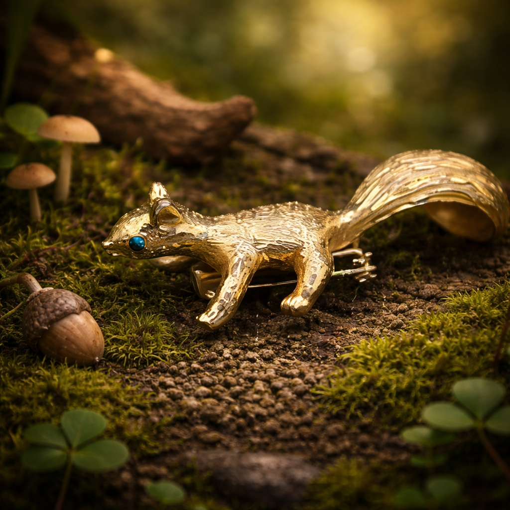 Gold tone squirrel brooch with textured finish and blue eye detail