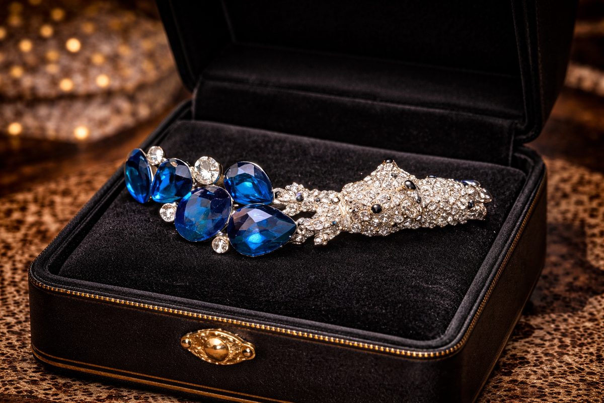 Silver Tone Panther Bracelet with Blue Crystal Stones Big Cat Statement Rhinestone Jewelry