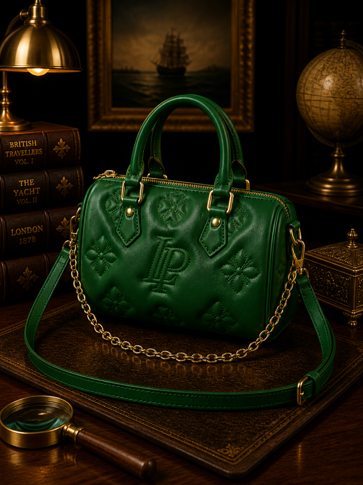 Emerald green embossed mini satchel with gold-tone hardware and chain accents