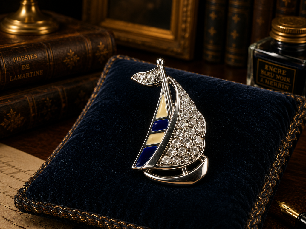 Swarovski Silver Tone Crystal Sailboat Brooch | Nautical Designer Pin