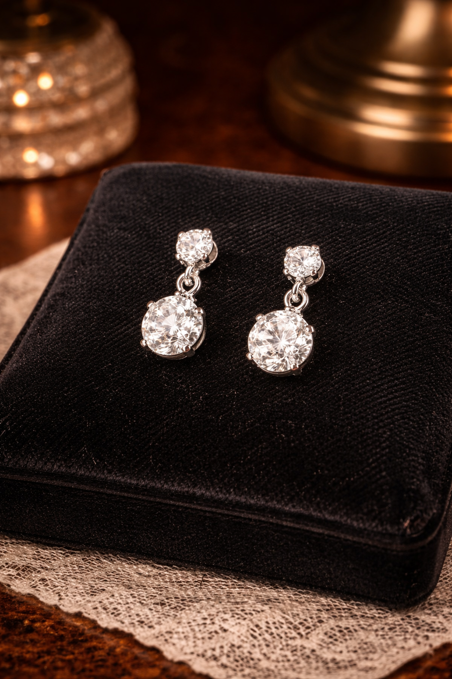 Silver-tone two-stone drop stud earrings with clear crystals