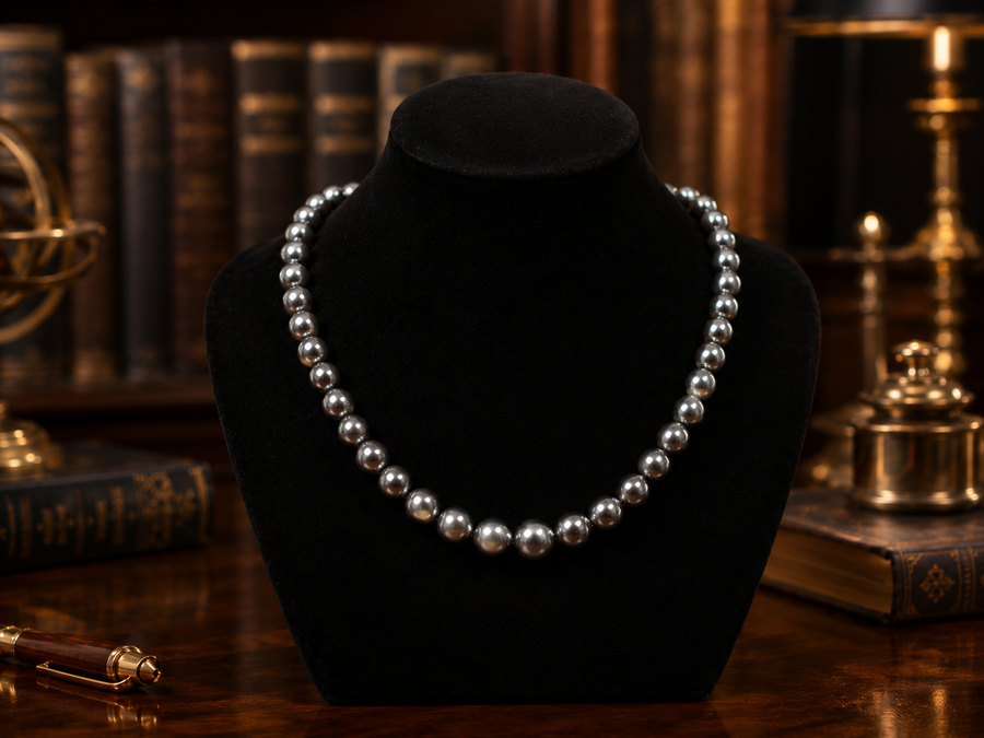 Single strand black peacock-tone faux pearl necklace with silver-tone clasp