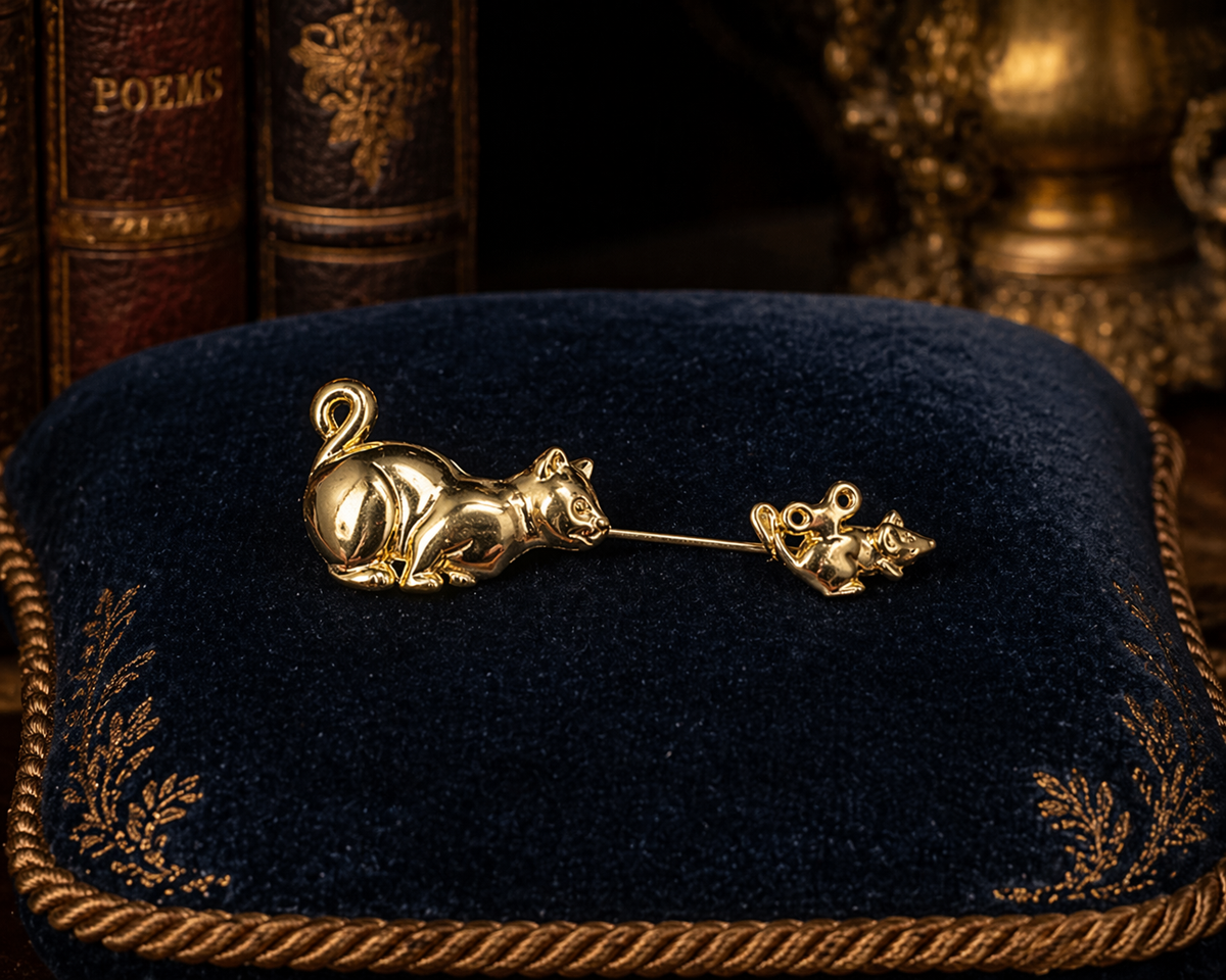 Signed AJC gold-tone bar pin with a cat at one end and a mouse at the other