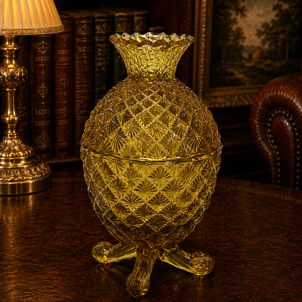 Amber Glass Pineapple Lidded Candy Dish Vintage Covered Compote Hospitality Decor