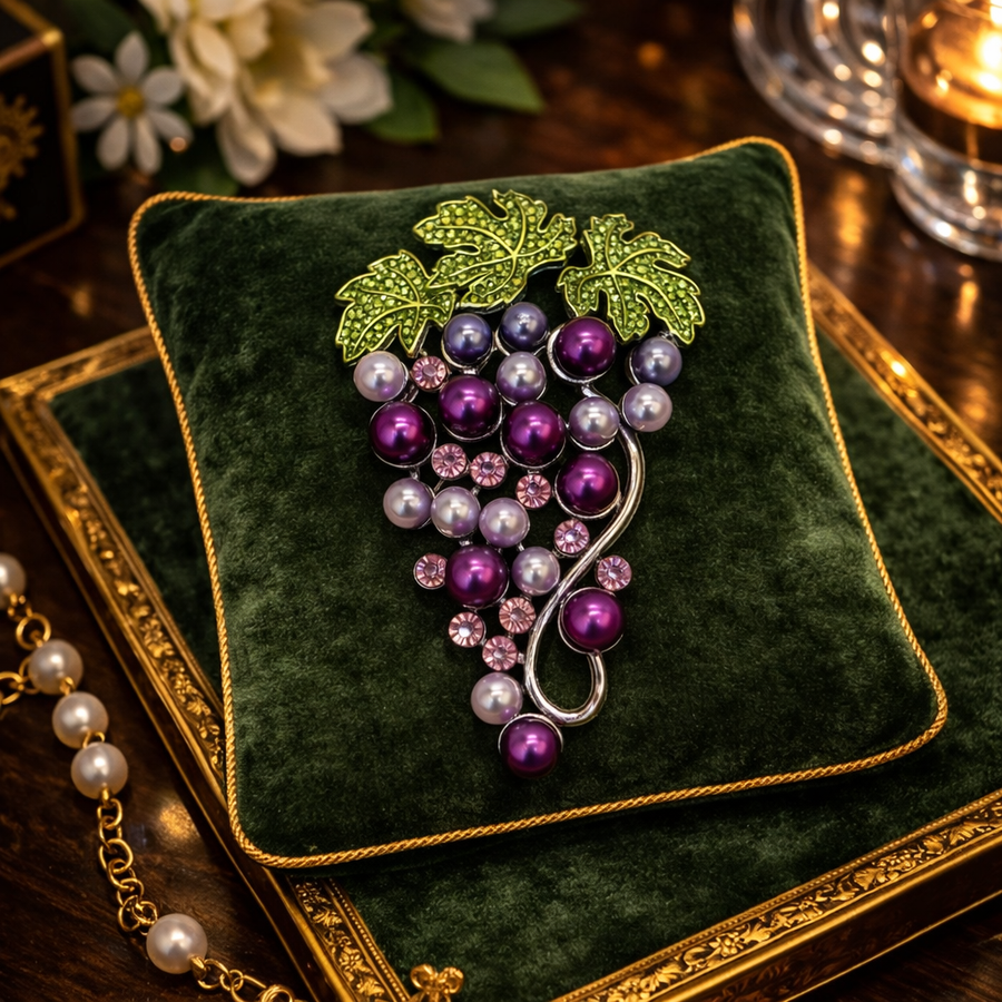 Grape cluster brooch with purple and lavender faux pearls and green rhinestone leaves