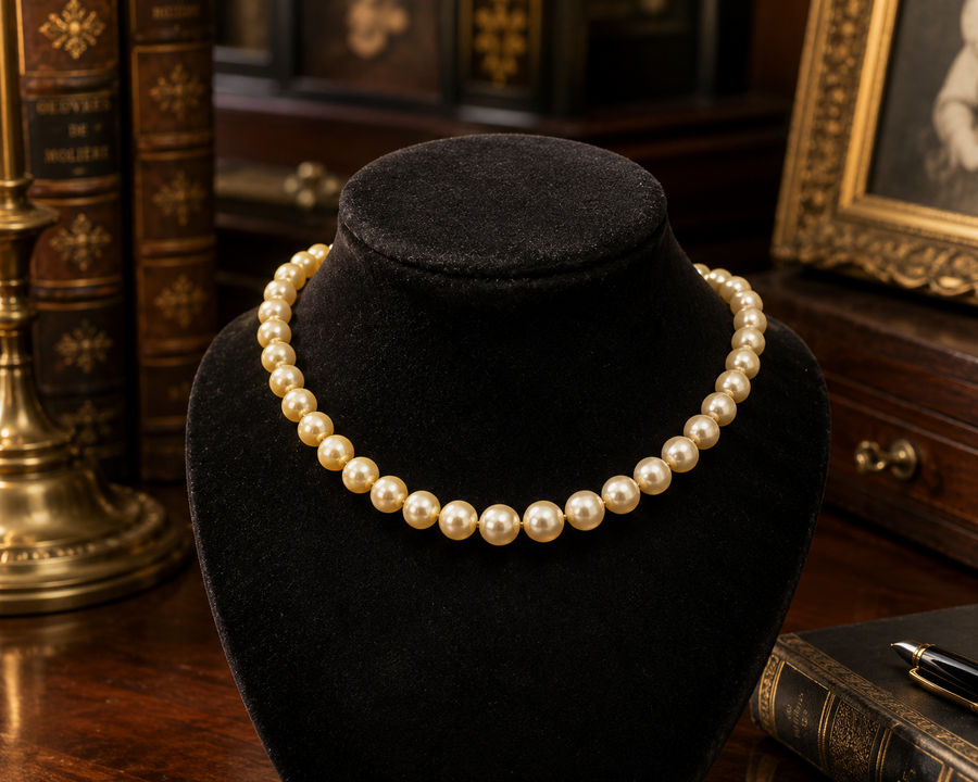 Single strand cream faux pearl necklace with decorative gold-tone clasp