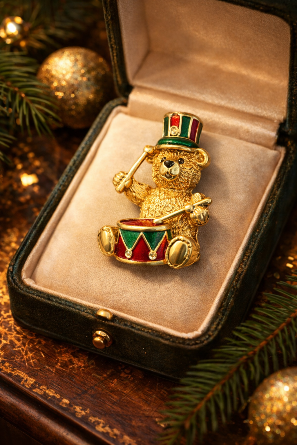 Signed Christopher Radko gold-tone teddy bear drummer Christmas brooch with red and green enamel