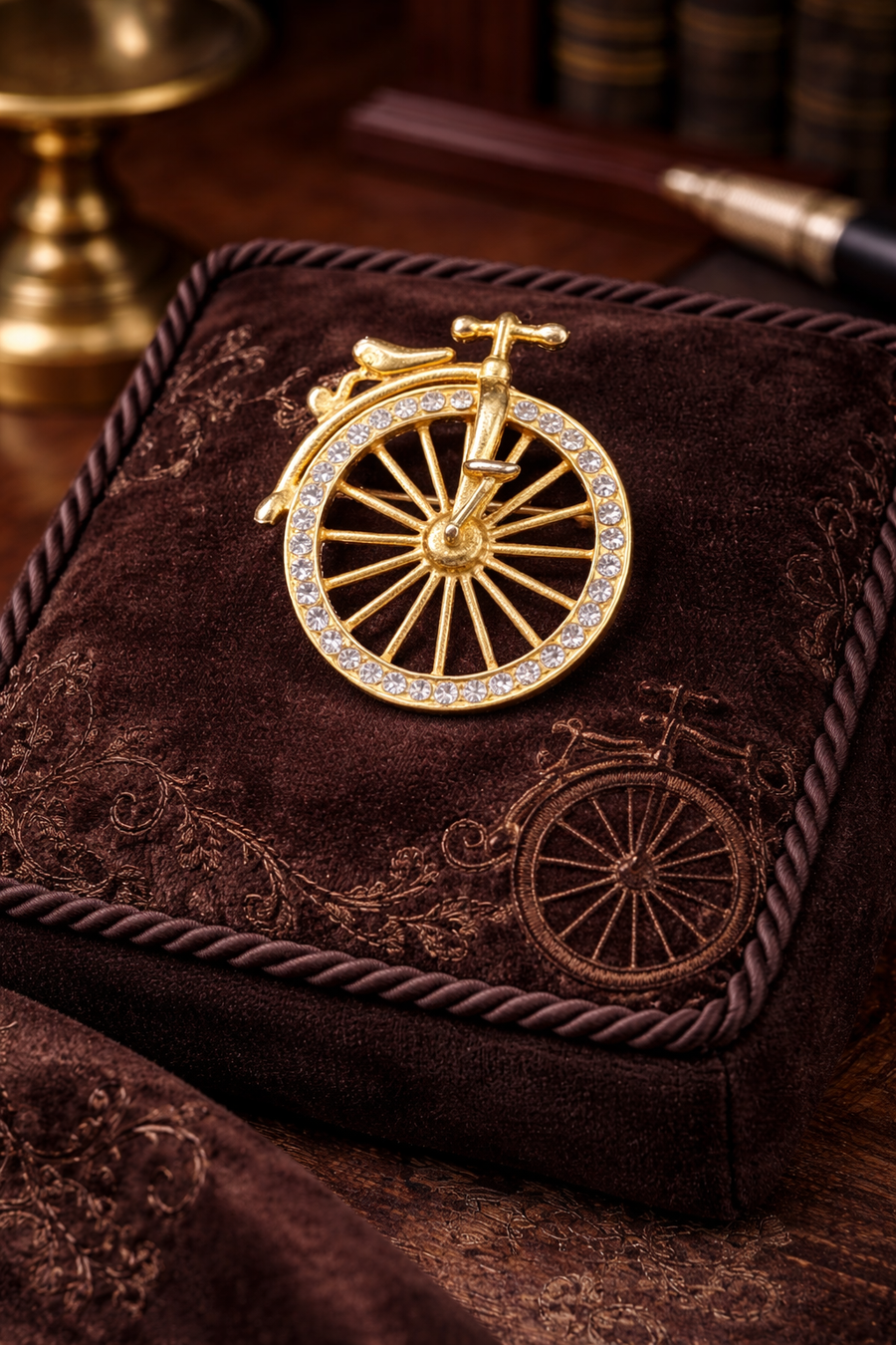 Gold-tone bicycle brooch with clear rhinestone front wheel and open spoke work