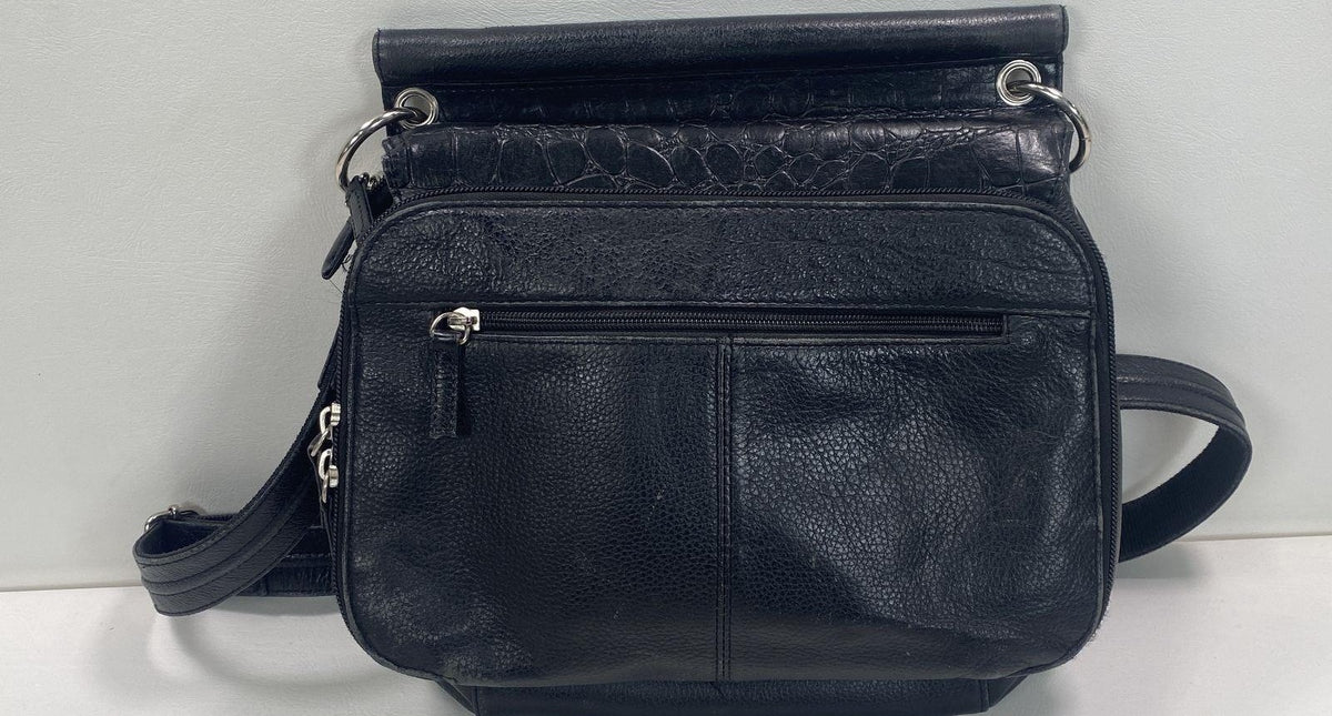 Gun Tote'n Mamas black pebbled leather crossbody purse with croc-embossed flap and front zip pocket, view 6