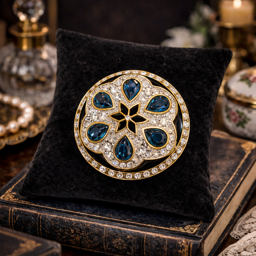 Museum Company gold-tone medallion brooch with blue teardrop crystals and pavé rhinestones
