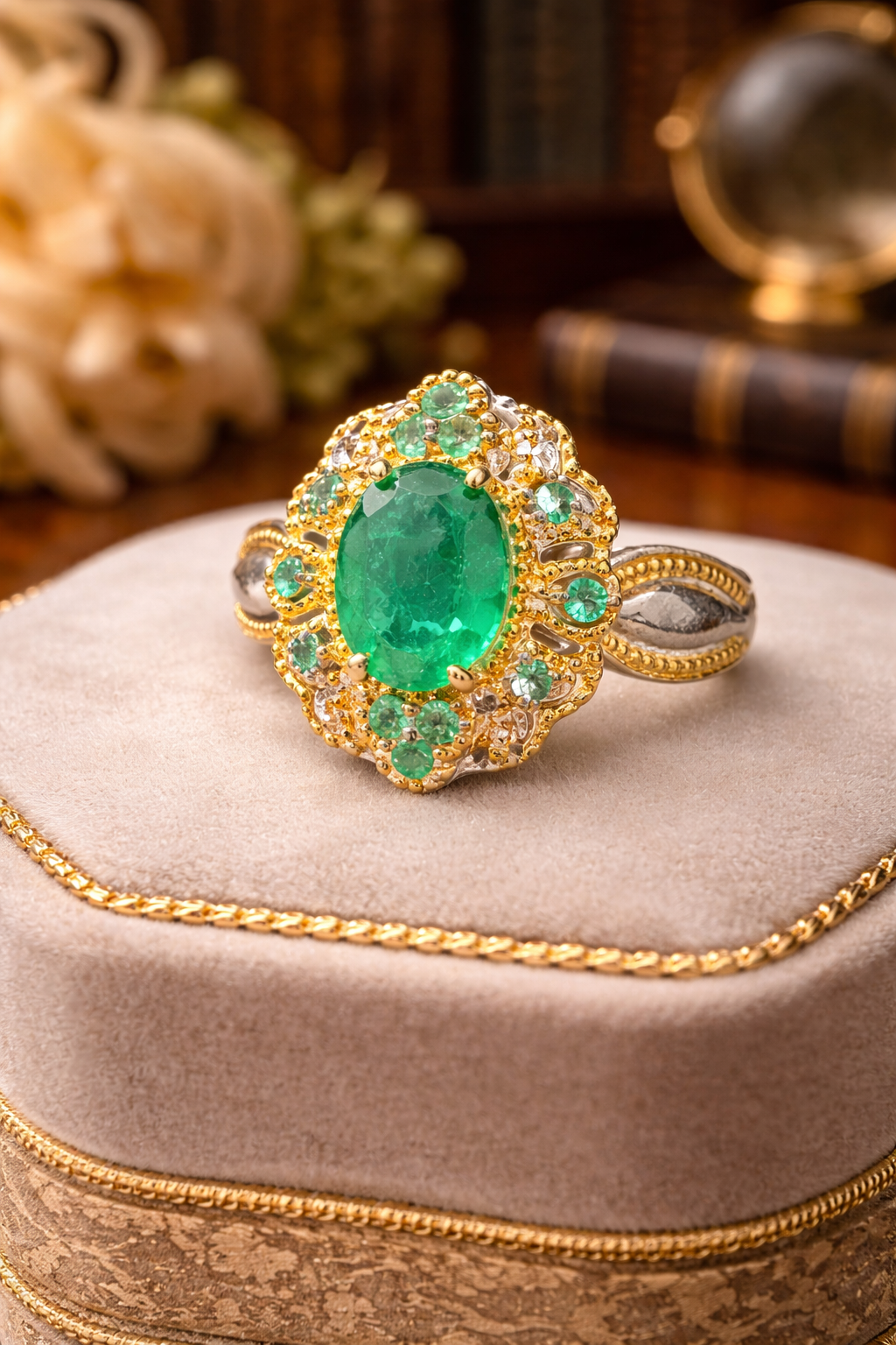 Sterling Silver 925 & 14K Emerald Ring Large Oval Green Stone Halo Statement Ring Size 6
