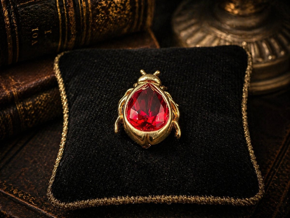 Gold-tone beetle brooch with red teardrop crystal body