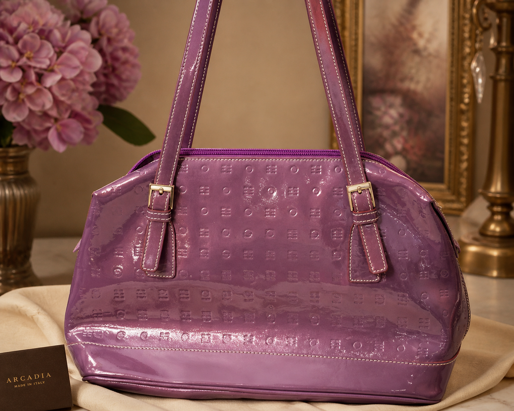 Arcadia Lavender Patent Leather Shoulder Bag Embossed Italian Handbag