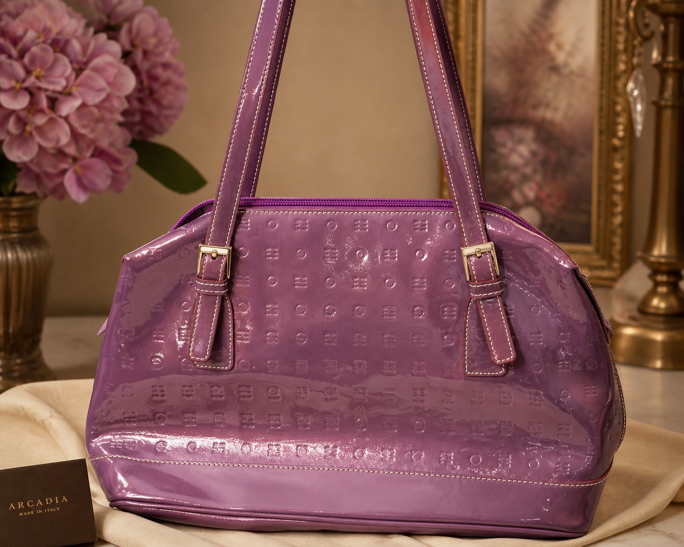 Arcadia Lavender Patent Leather Shoulder Bag Embossed Italian Handbag
