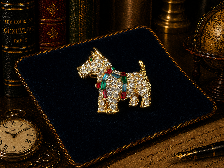 Gold-tone terrier brooch with clear pavé crystals and red, green and blue baguette collar