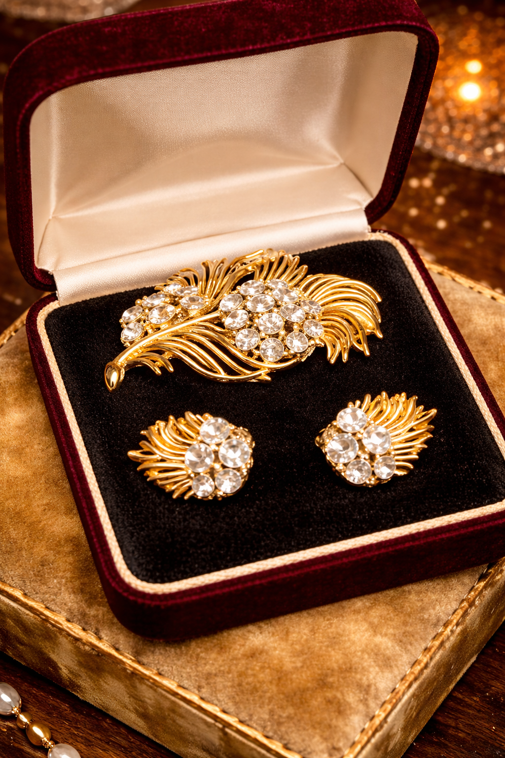 Signed Lisner gold-tone floral spray brooch and clip-on earrings with clear rhinestones