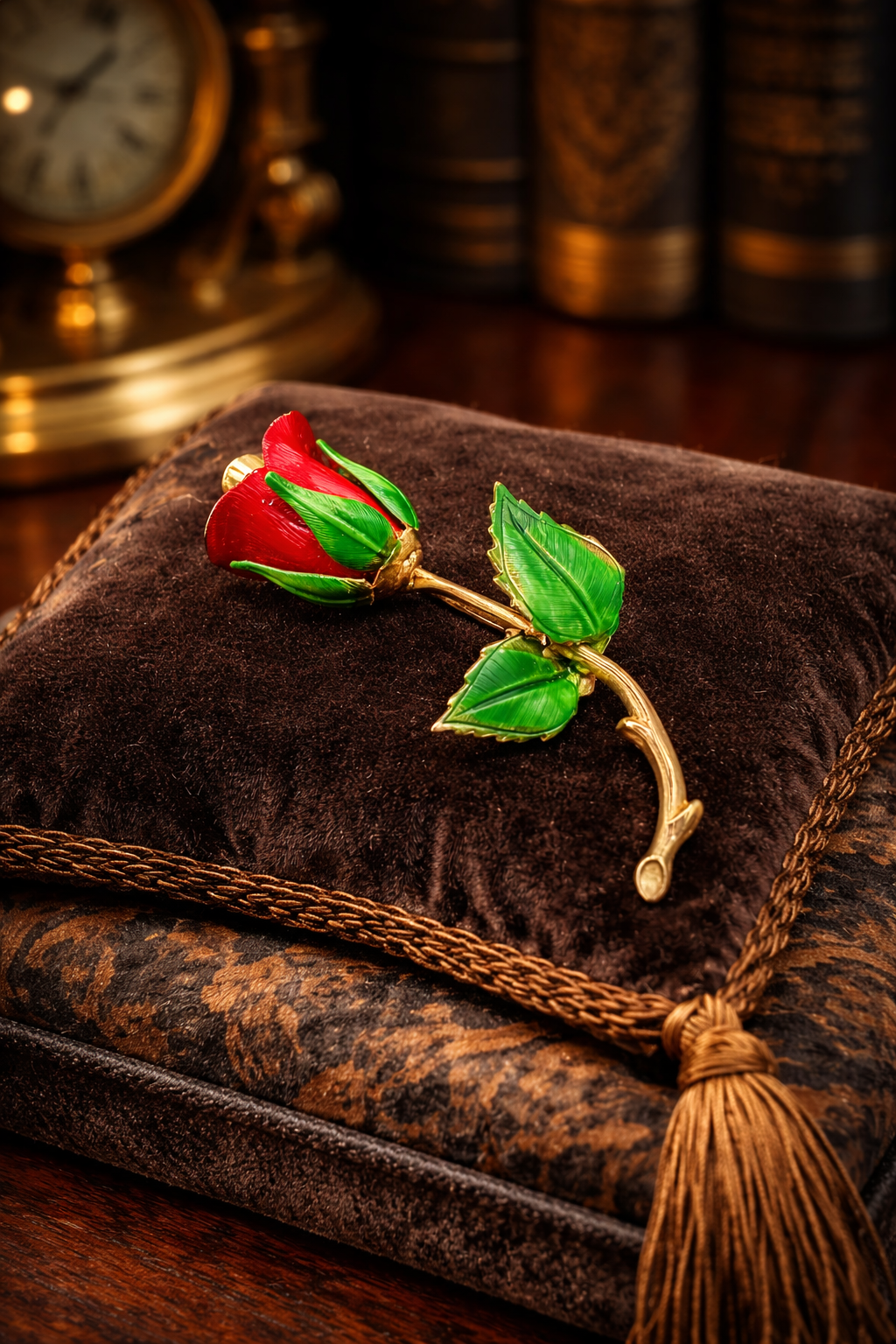 Red enamel rose bud brooch with green enamel leaves on a curved gold-tone stem