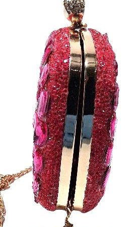 Bright pink hard-case clutch with faceted studs, push clasp and chain strap, view 2
