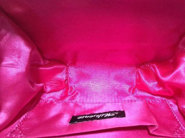 Bright pink hard-case clutch with faceted studs, push clasp and chain strap, view 3