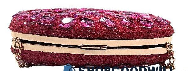 Bright pink hard-case clutch with faceted studs, push clasp and chain strap, view 4