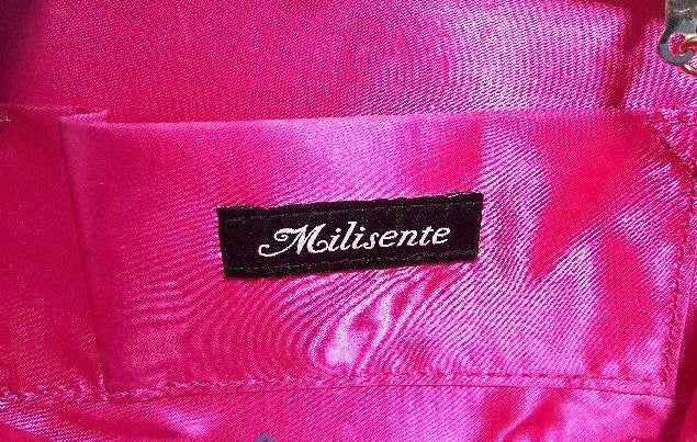 Bright pink hard-case clutch with faceted studs, push clasp and chain strap, view 6