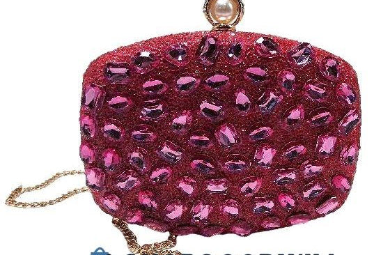 Bright pink hard-case clutch with faceted studs, push clasp and chain strap, view 7