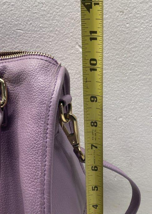 Ora Delphine purple pebbled leather satchel with crossbody strap and gold hardware, view 6