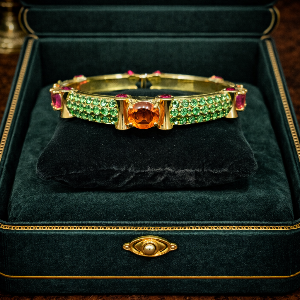 Retired Heidi Daus Swarovski Crystal Statement Bracelet Gold Tone Hinged Cuff Designer Glam Jewelry