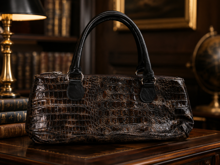 Copper brown croc-embossed insulated wine carrier handbag with rolled handles