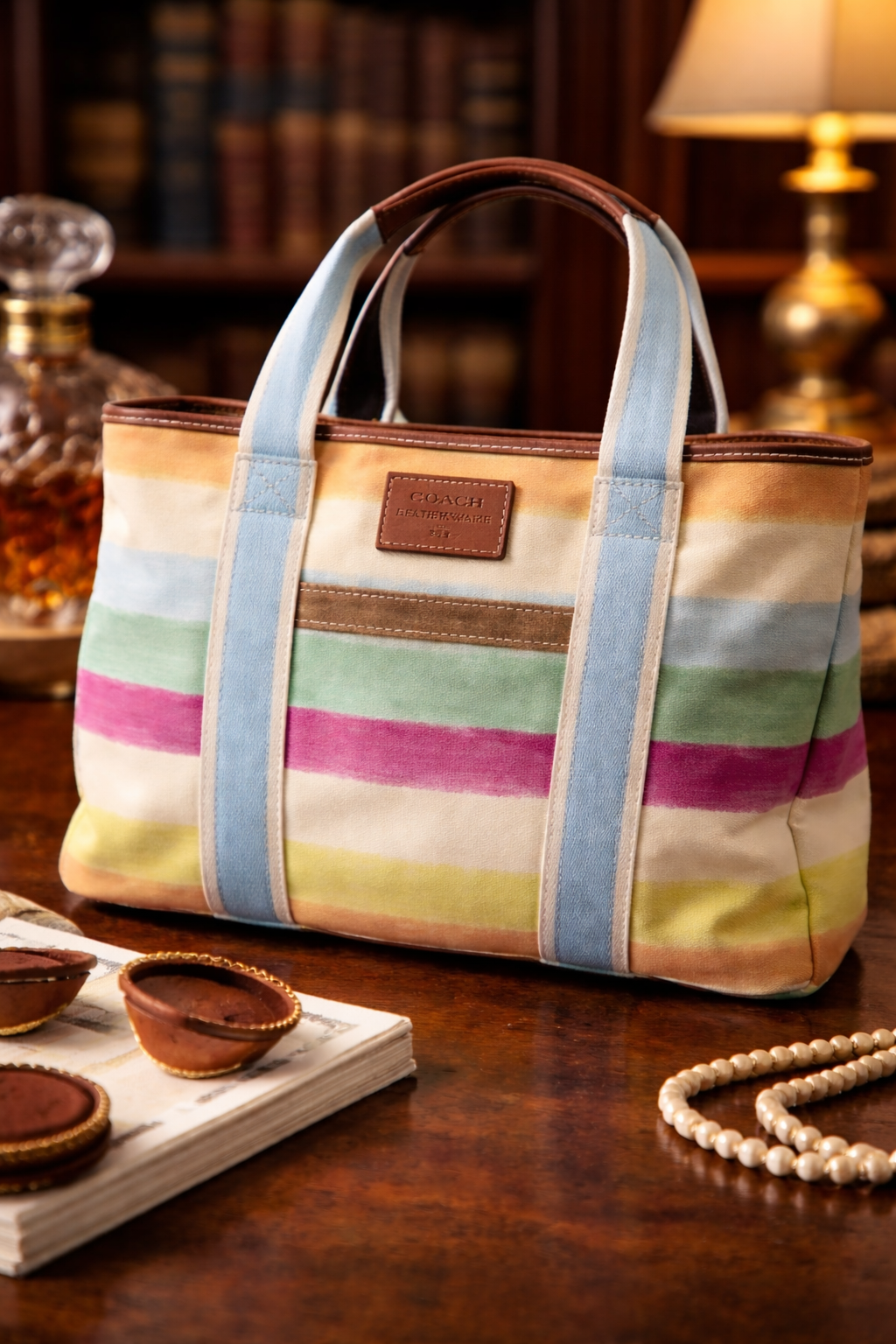Coach Watercolor Pastel Stripe Canvas Leather Trim Hampton Tote Bag Designer Handbag