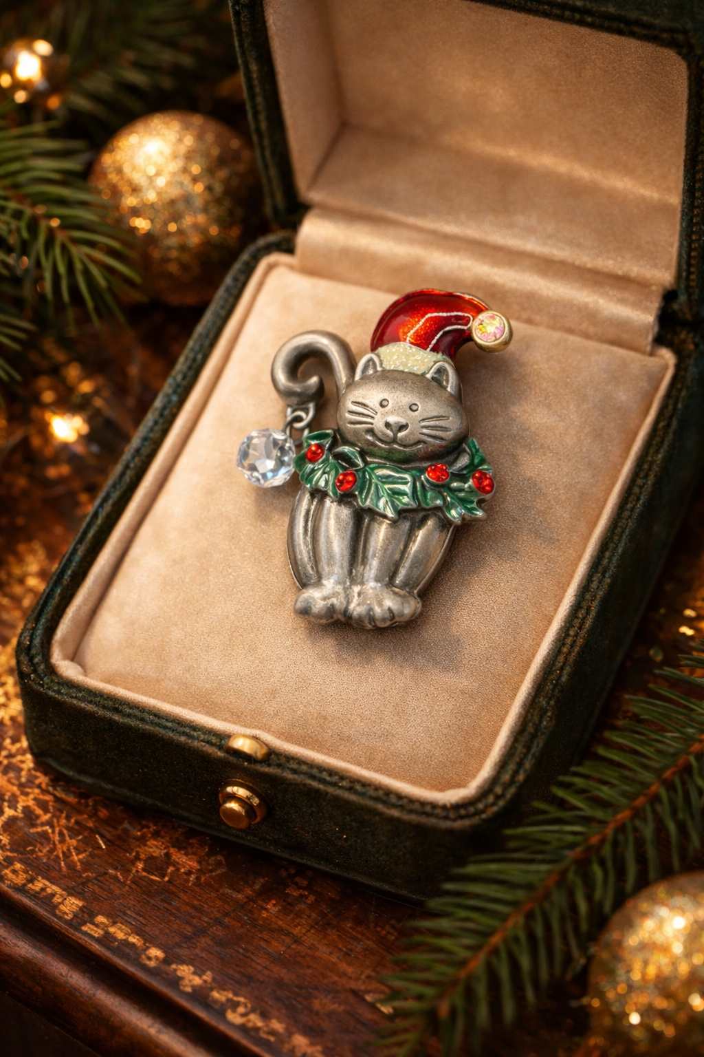 Gold-tone seated cat brooch with rhinestone accents and curved tail