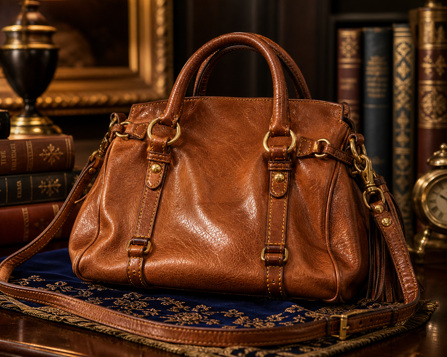 Brown leather satchel with rolled handles, tassel accents and shoulder strap