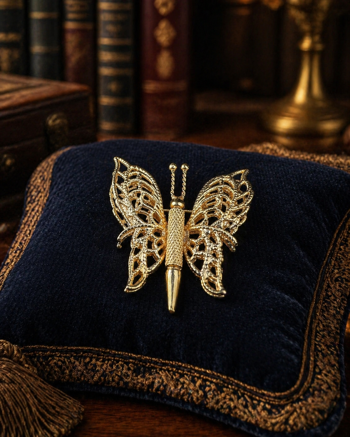 Signed Monet gold-tone openwork butterfly brooch with textured filigree-style wings
