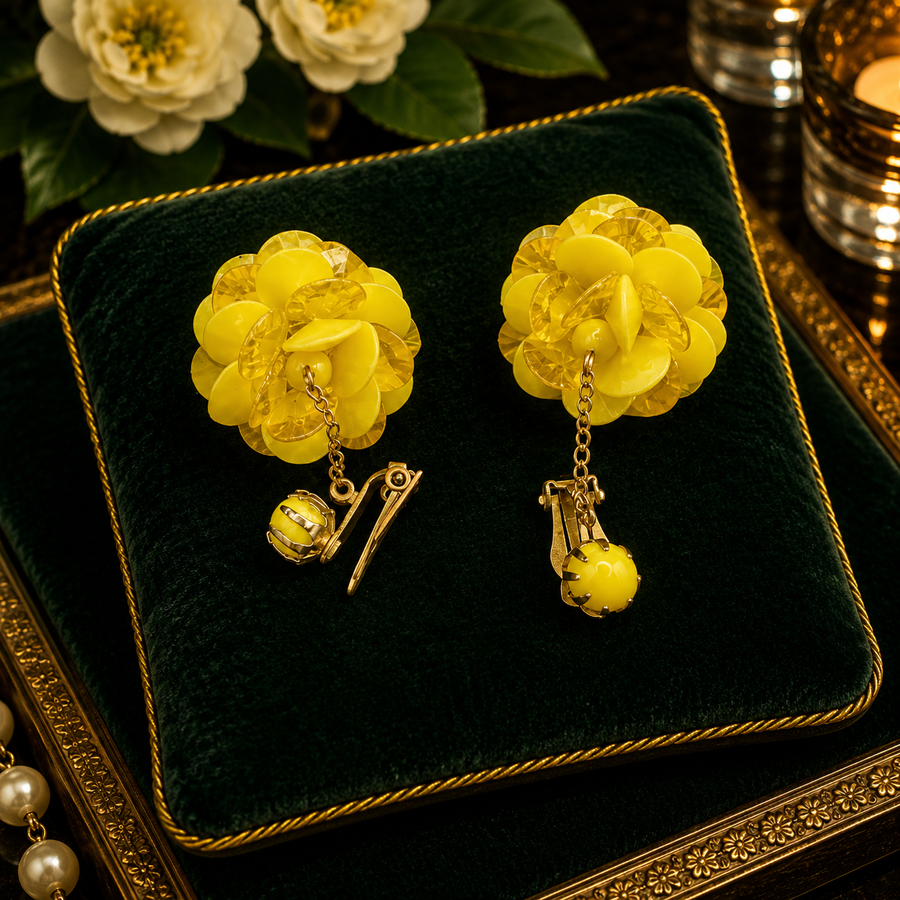 Yellow translucent flower dangle clip earrings with bead and charm drops
