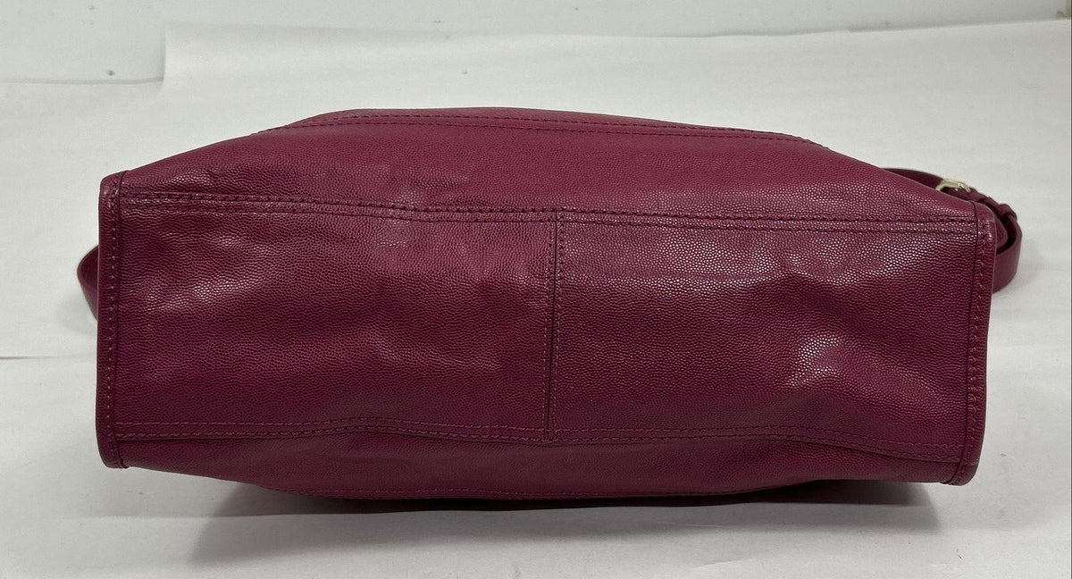 Raspberry leather structured tote with dual top handles and silver-tone plaque, view 3