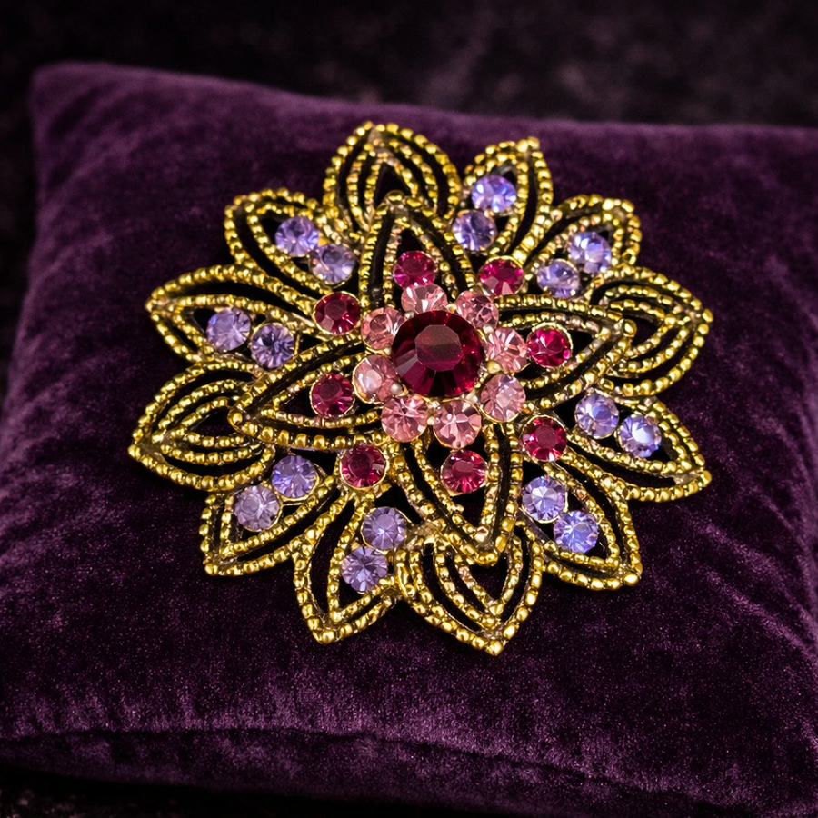Gold-tone filigree flower brooch with pink and lavender rhinestones