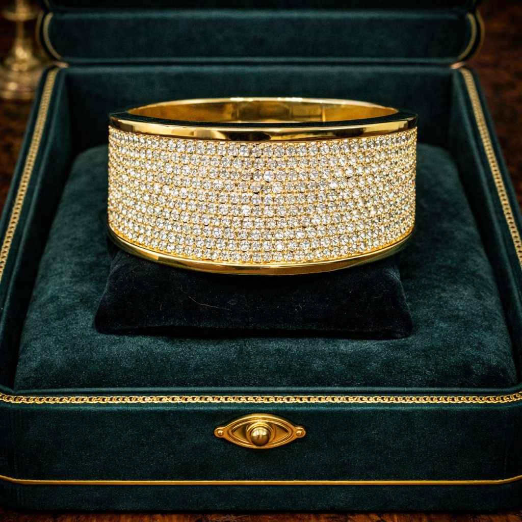 St. John gold-tone wide hinged bangle with rows of clear rhinestones
