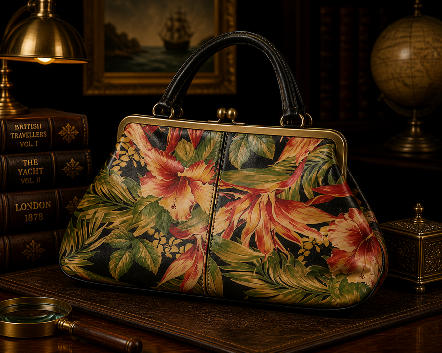Tropical floral printed leather oval frame satchel with rolled shoulder straps