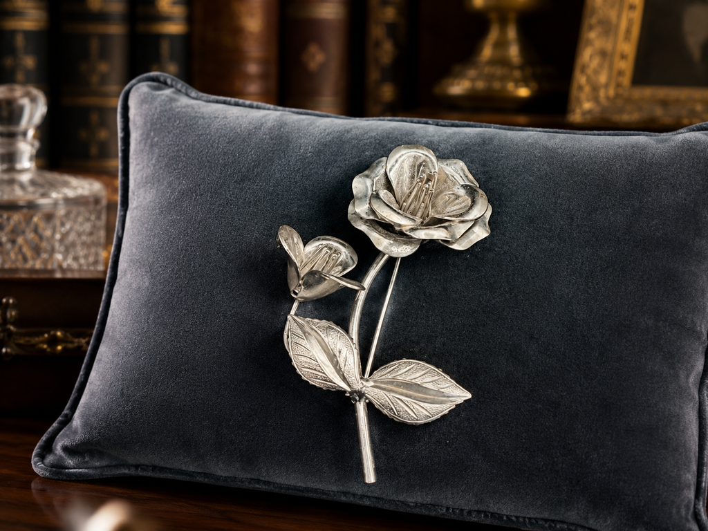 (SOLD) Silver Tone Rose Brooch | Vintage Dimensional Floral Stem Pin