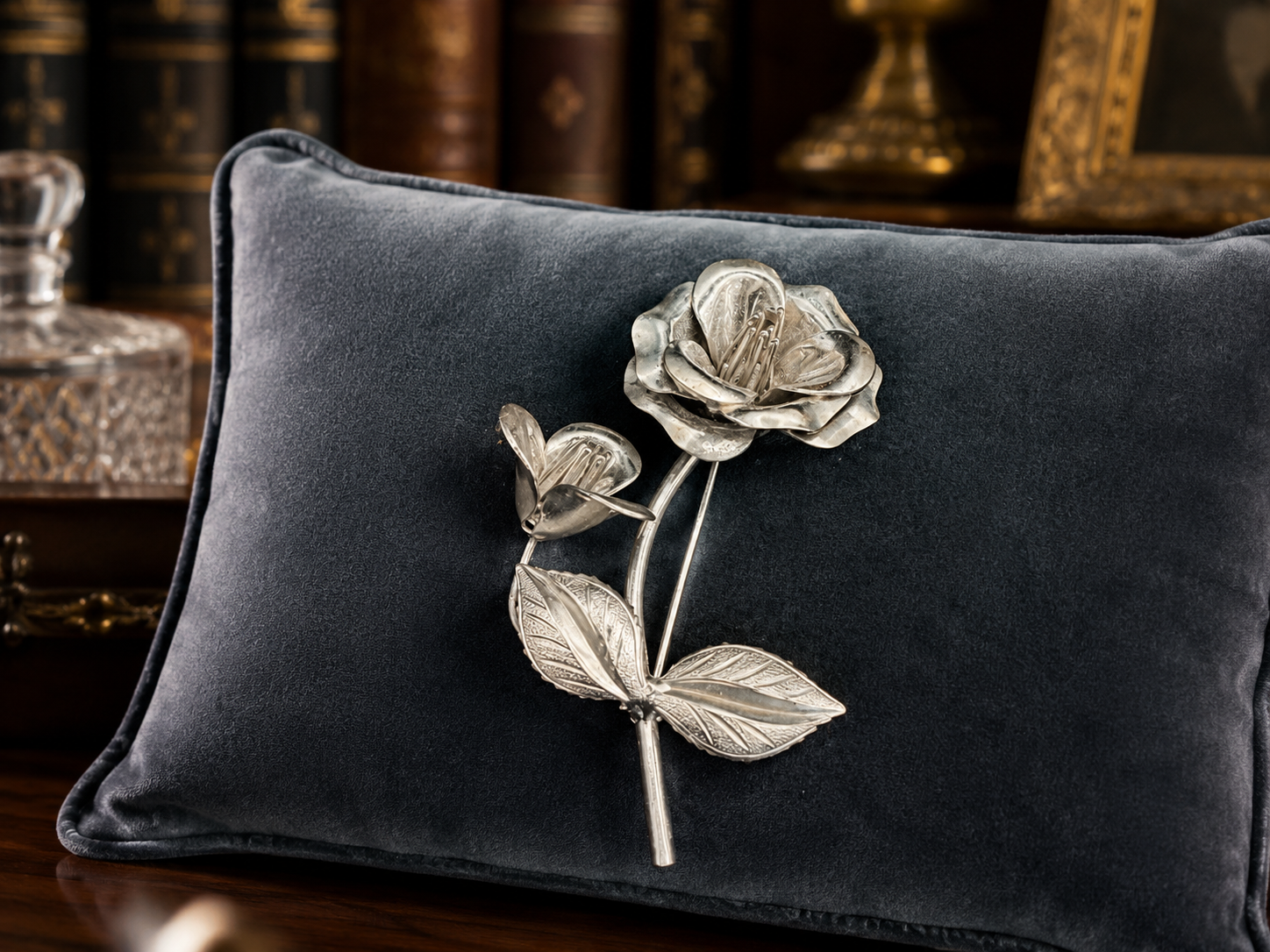 (SOLD) Silver Tone Rose Brooch | Vintage Dimensional Floral Stem Pin