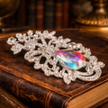 Large Iridescent Crystal Statement Brooch Silver Tone Filigree Vintage Style Art Glass Rhinestone Pin