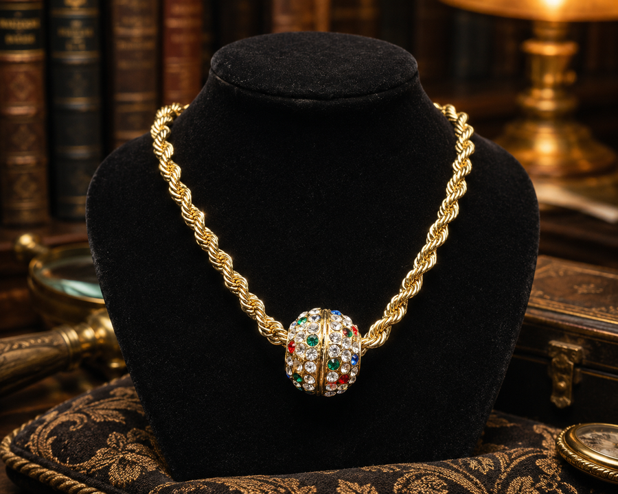 Gold-tone textured chain necklace with multicolor rhinestone ball pendant