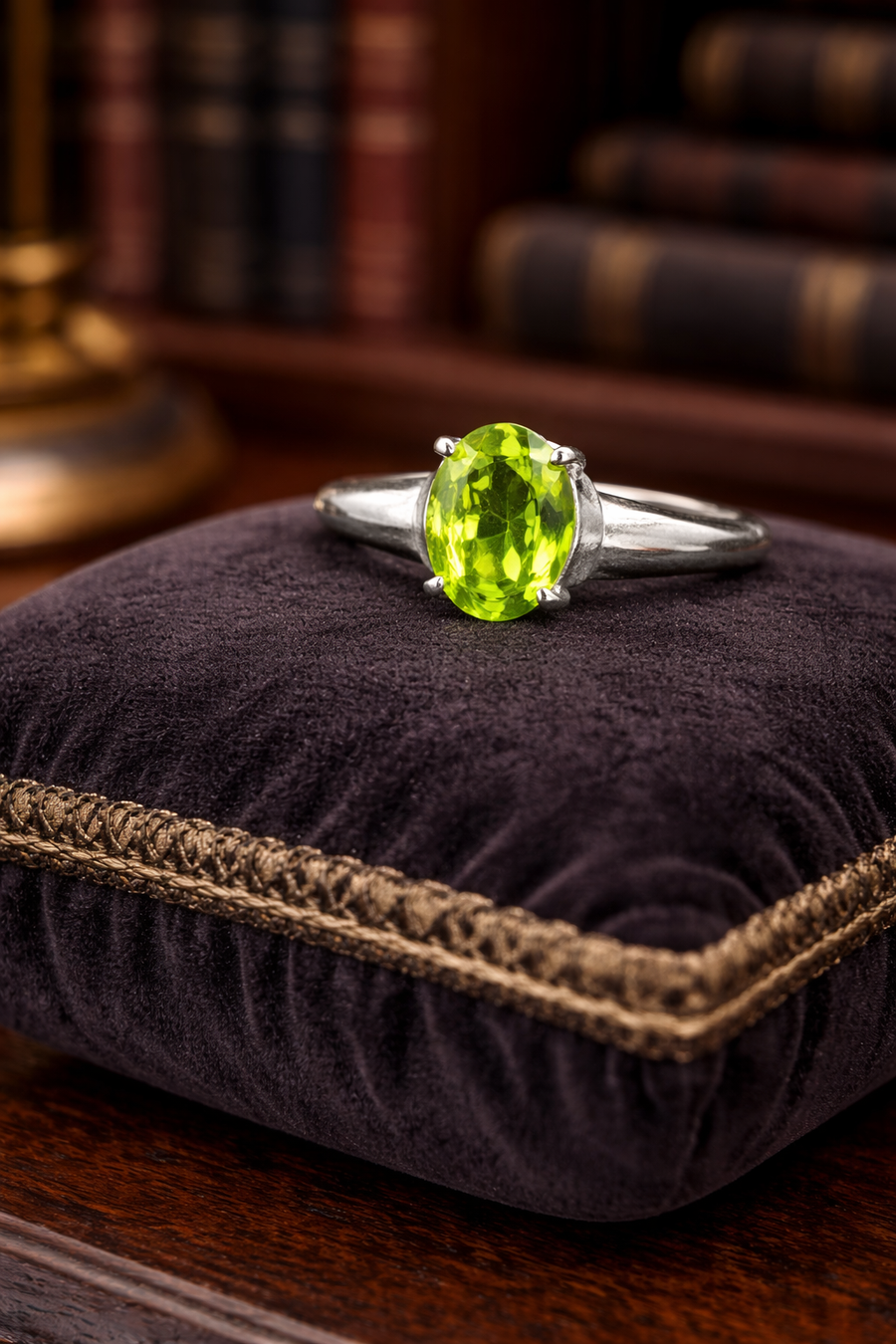 Silver-tone solitaire ring with oval faceted green stone