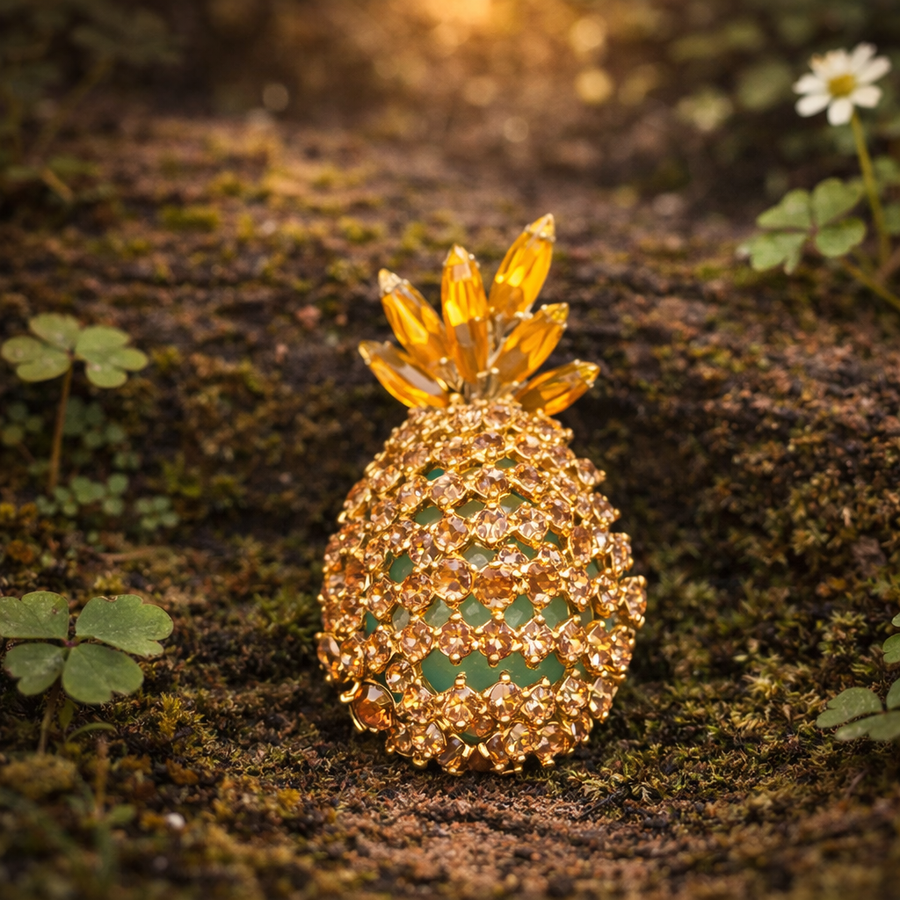 Signed Alice Caviness gold-tone pineapple brooch with topaz-colored rhinestones