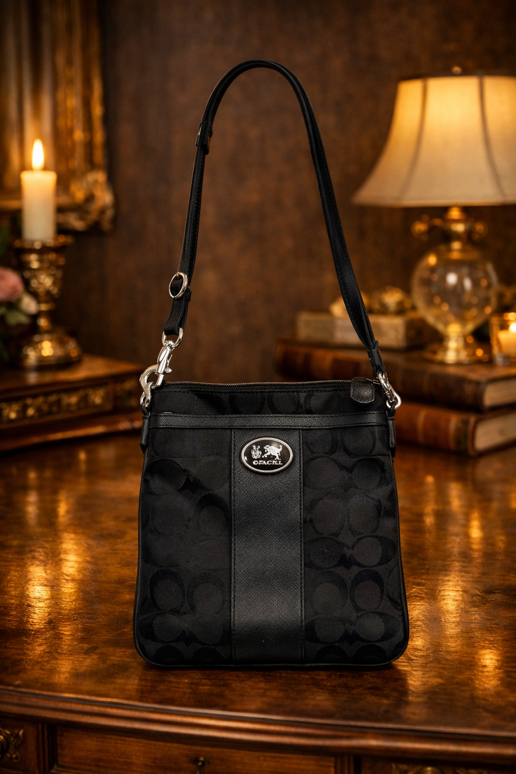 (SOLD) Coach Signature Canvas Swingpack Crossbody Bag 43978 | Black Logo Canvas with Leather Trim