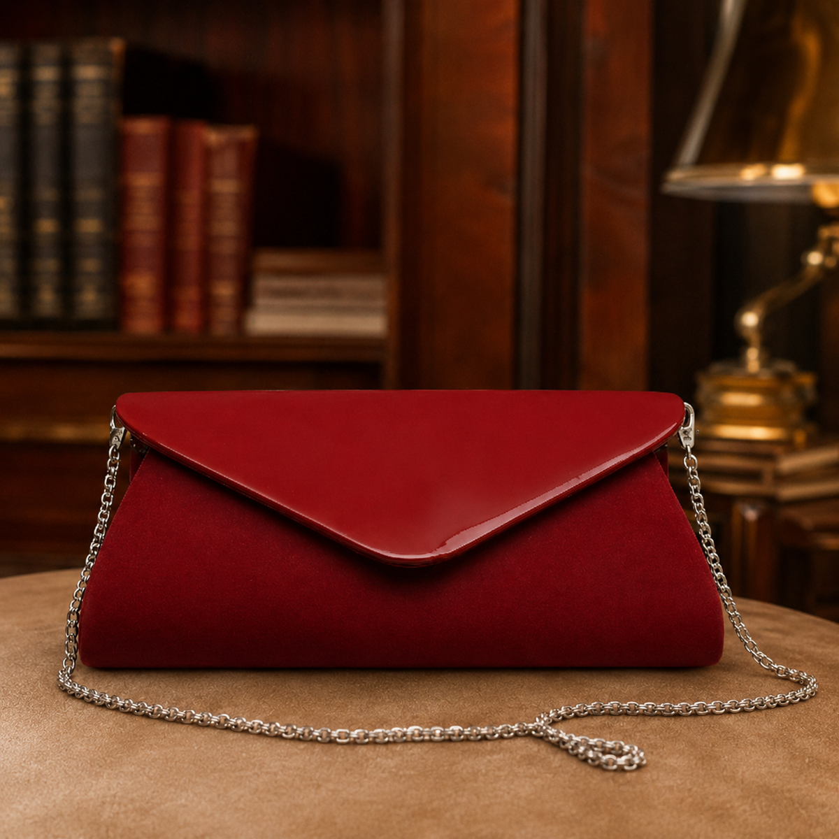 Red envelope clutch with flap front and long silver-tone chain shoulder strap