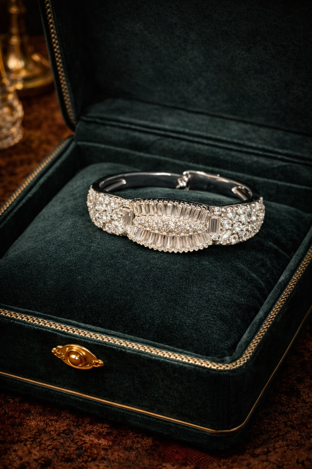 Vintage Ledo Silver Tone Hinged Bangle Bracelet with Icy Rhinestones, Art Deco Revival Design, Baguette Halo Center, Elegant Statement Style