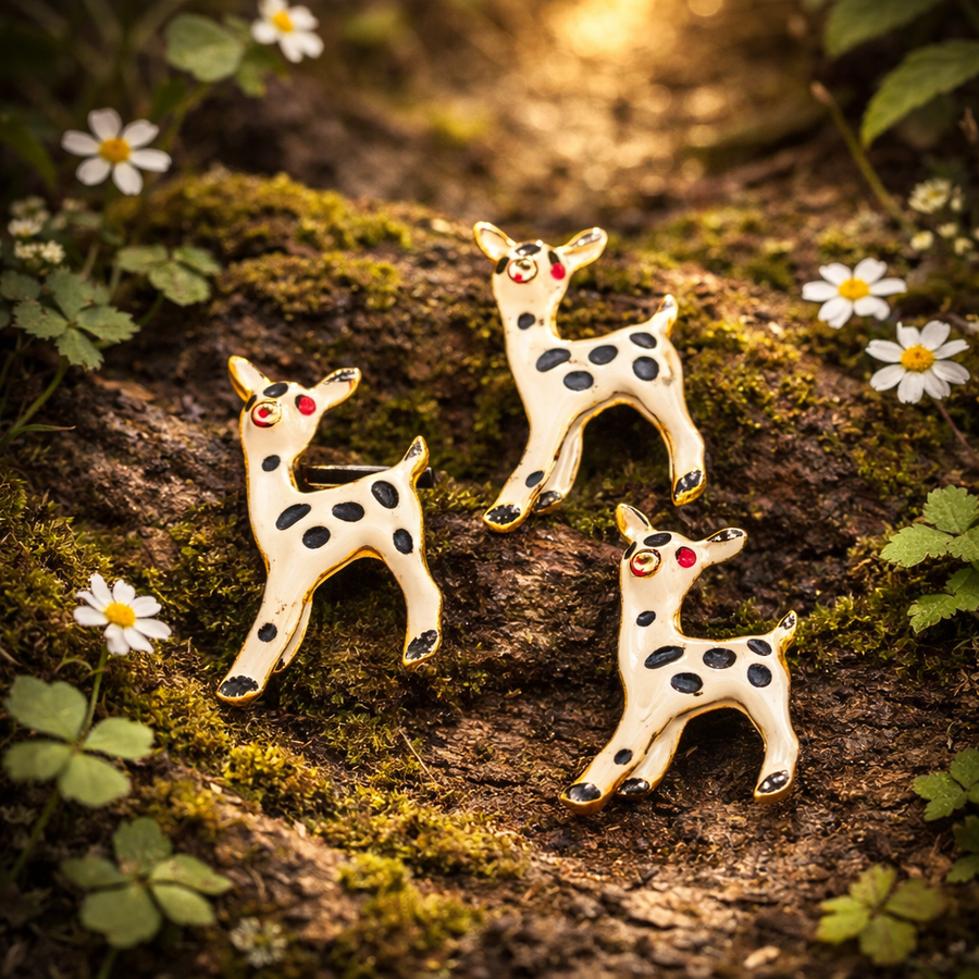 Set of three small white enamel fawn brooches with black spots