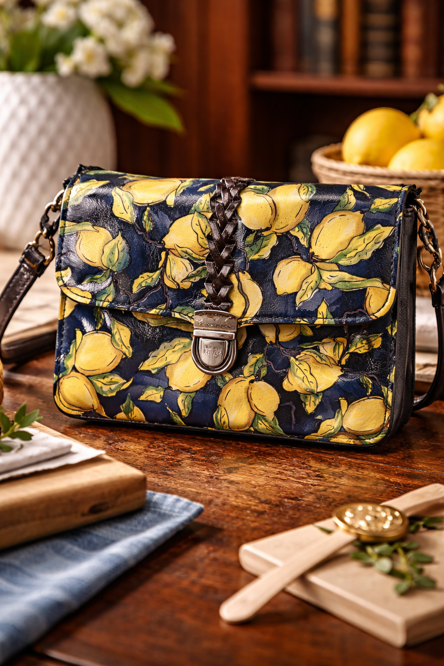 Patricia Nash Positano navy lemon print leather flap crossbody bag